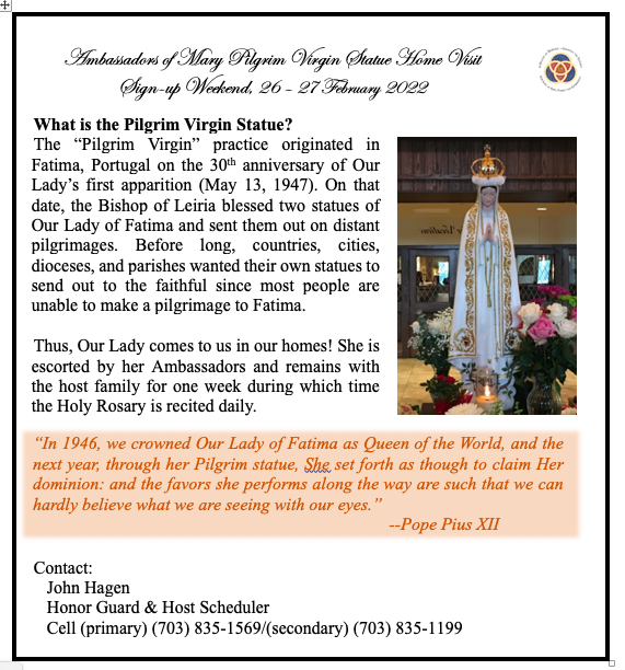 Our Lady of Fatima Pilgrim Statue sign ups