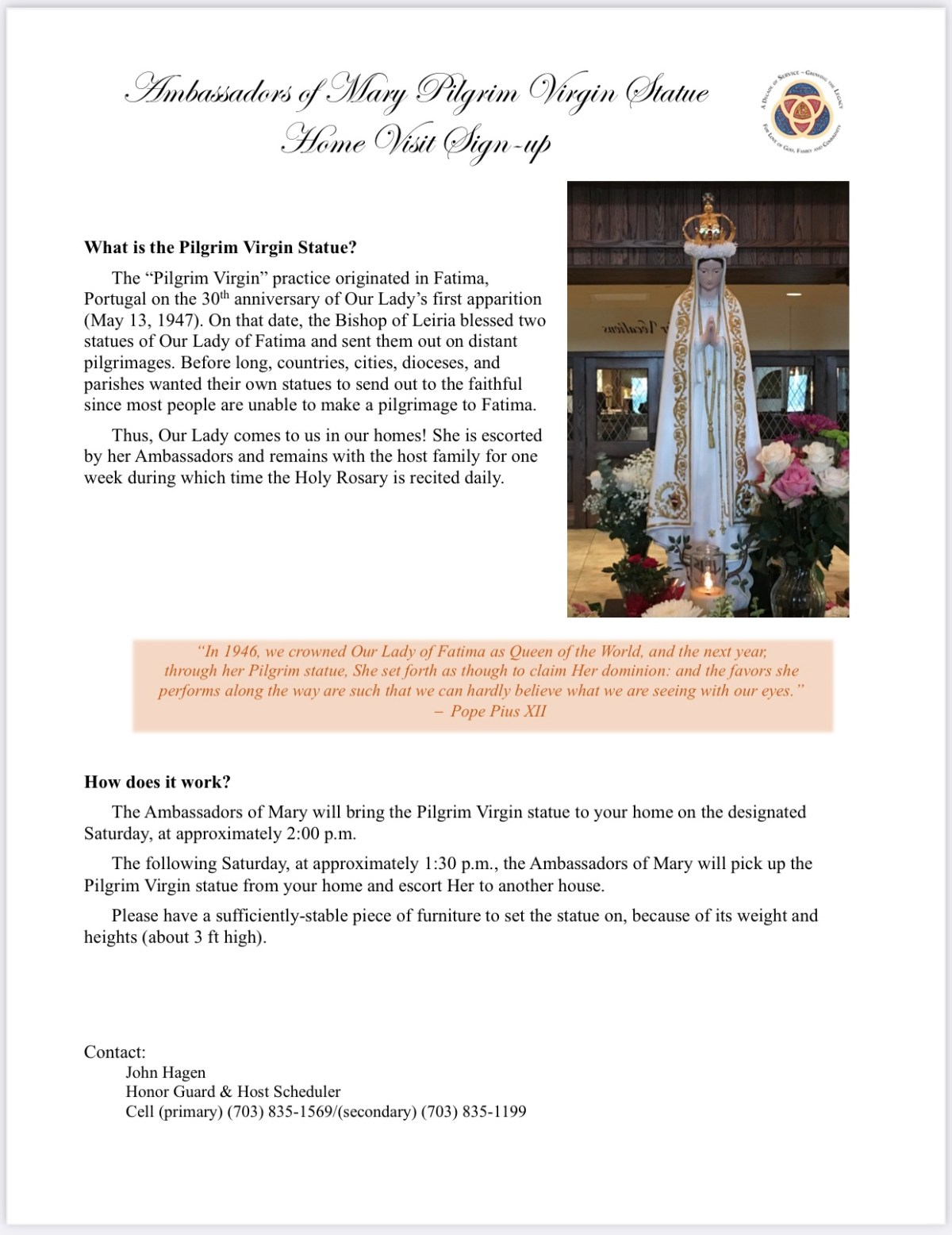 Our Lady of Fatima Pilgrim Statue sign ups